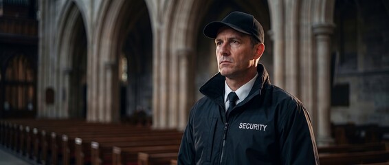 Obraz premium Vigilant male security guard standing at the entrance of a church providing safe event protection