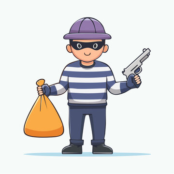 Cartoon Thief Holding Loot Bag and Gun