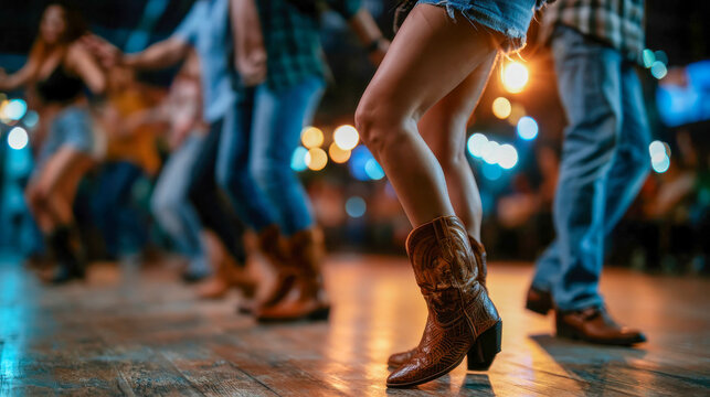 Close-up of cowboy boots during line dancing in a wooden-floored hall, lively country music and social dance scene
