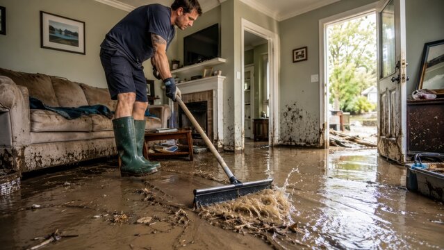 Man removing muddy floodwater from living room floor after damage