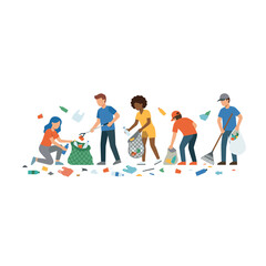 Fototapeta premium Diverse group of people cleaning up litter and trash from outdoor environment