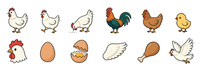 Fototapeta premium Chicken farm animal poultry cartoon illustration set featuring various hens, a rooster, a cute yellow chick, eggs, a drumstick, and a wing for agricultural and food design projects