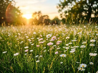 Fototapeta premium Golden sunset illuminates a vibrant meadow filled with wild daisies and tall grasses gently swaying