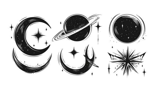 Black and white illustration of celestial objects like moons, stars, and planets