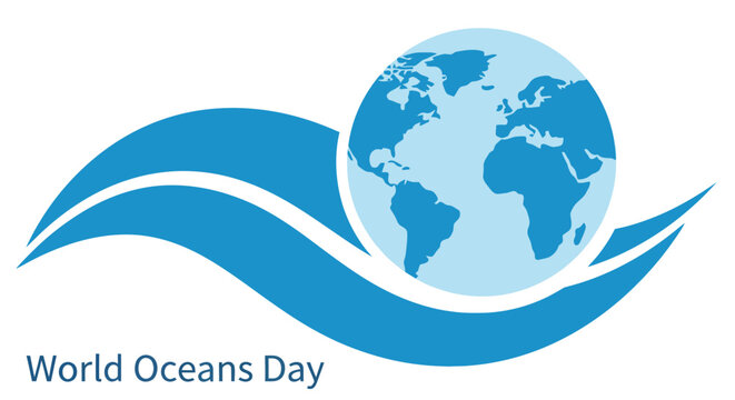 World globe and wave illustration for oceans day blue and white
