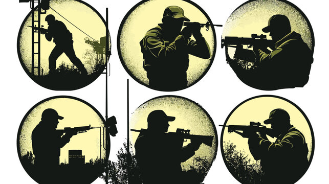 Silhouettes in circles depicting armed figures in various stances, aiming rifles.