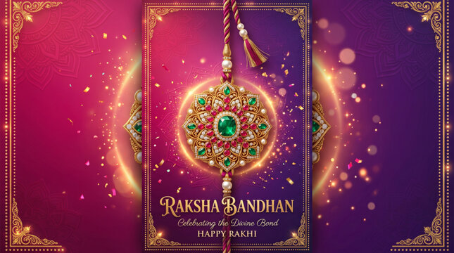 Raksha Bandhan Greeting Card Background with Ornamental Rakhi Jewel Design and Elegant Festive Frame