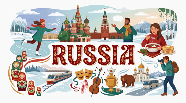 Russia travel poster collage with Saint Basil cathedral matryoshka dolls borscht soup siberian bear and diverse tourists flat vector illustration