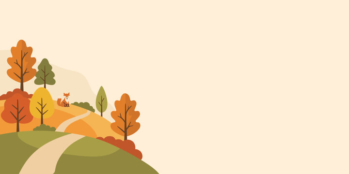 Cute fox sitting on path in autumn forest. Flat vector illustration of fall seasonal landscape with colorful trees and hills. Nature scenery with yellow orange foliage background.