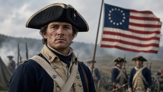 Revolutionary soldier standing with flag on battlefield