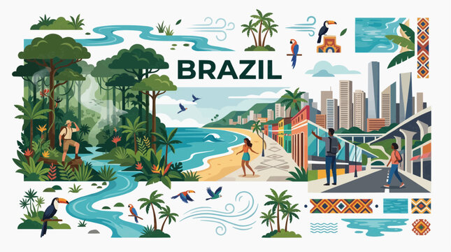 Brazil vector concept design collection featuring Amazon rainforest with explorer, tropical beach coast, modern city street with skyscrapers, toucan, and parrot elements