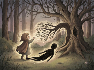 Little child in hood reaching towards glowing tree branch with floating shadow spirit