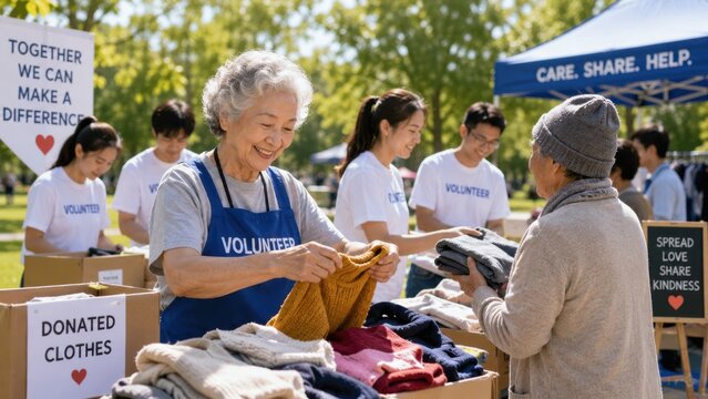 Senior woman sorting donated clothes at outdoor volunteer event