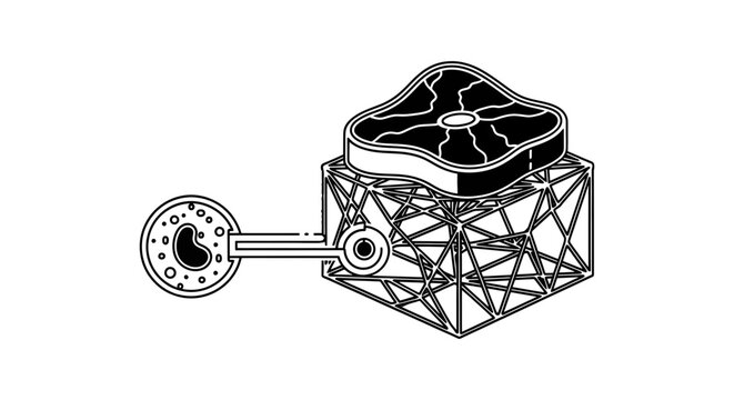Detailed illustration of a mechanical device with a gear and a cube-shaped frame