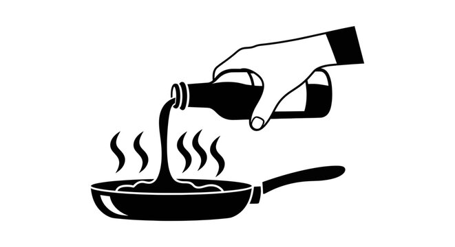 Black silhouette of a hand pouring oil from a bottle into a hot frying pan with rising steam.