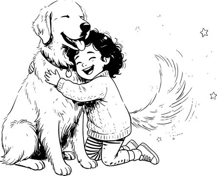 Child and Pet Unconditional Love Silhouette: Kid Hugging Dog Vector, Childhood Friendship Concept Icon