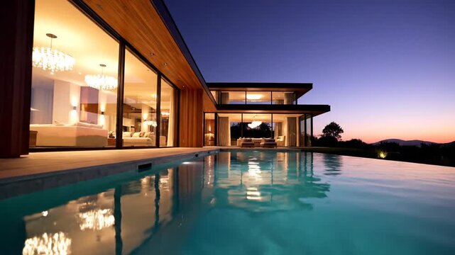 Modern luxury villa with infinity pool at sunset