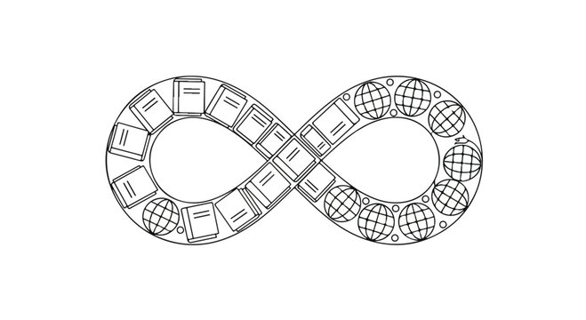Abstract infinity loop made of interconnected metallic gears symbolizing endless cycle and continuous motion