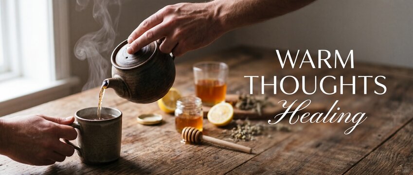 Pouring hot herbal tea ceramic mug on rustic wooden table with honey, lemon, and steam, representing wellness, self-care, and natural healing remedies during winter cold flu season.
