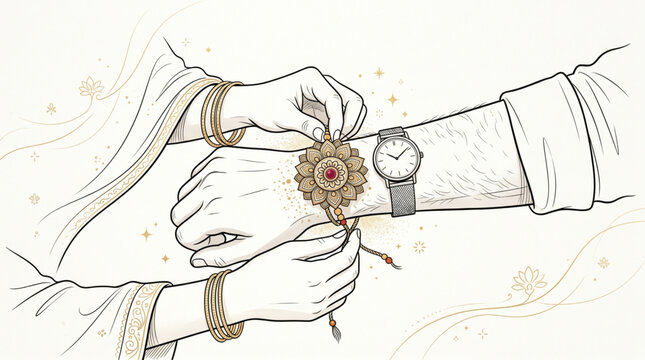 Raksha Bandhan Ritual Line Art Illustration of Sister Tying Rakhi on Brother Wrist with Copy Space