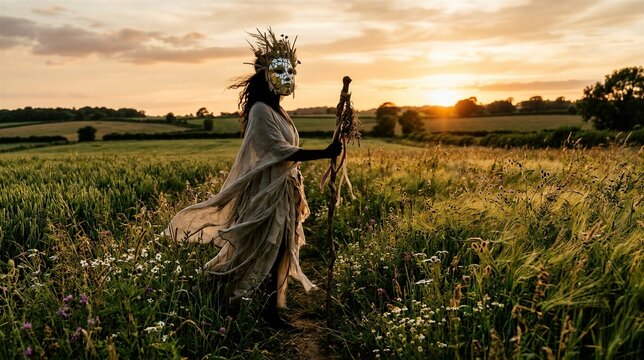 Shaman woman wearing tribal mirror mask and cloak holding wooden staff in wildflower field at sunset. Concept of pagan ritual, spiritual connection to nature and mystical heritage