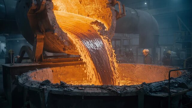 Medium shot capturing the dynamic pouring of slag from a converter vessel containing molten nickel matte highlighting the separation of impurities in an industrial setting