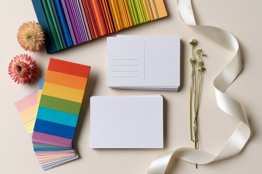 Blank postcards with rainbow color swatches, flowers and white satin ribbon flat lay
