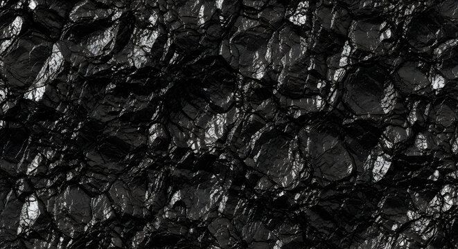 Highly detailed black obsidian rock texture featuring sharp jagged edges and glossy reflective surfaces captured in a dramatic dark style