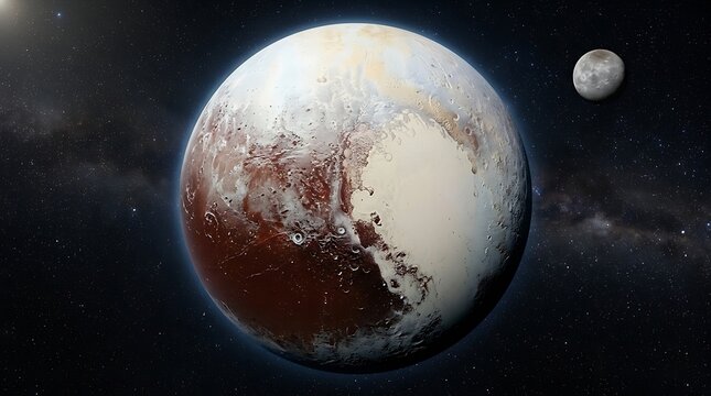 Pluto and its moon Charon against a star-filled cosmic dwarf planet