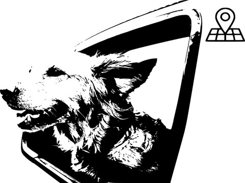 Adventure Pet Travel Silhouette: Dog in Car Window Vector, Road Trip and Freedom Lifestyle Icon