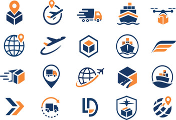 Fototapeta premium Logistics delivery shipping icons set navy blue orange vector collection truck airplane ship drone package globe location pin cargo transport branding isolated white