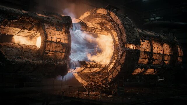 Medium shot of a hightemperature hydrocarbon pyrolysis reactor interior glowing bright with intense flames and durable refractory lining during fullscale industrial operation