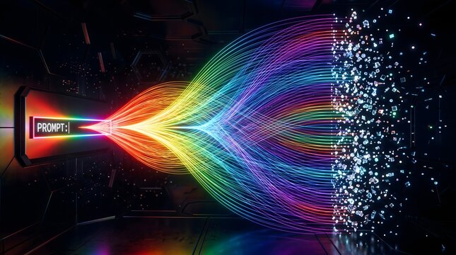 Generative AI Text Prompt Engineering Concept &mdash; Futuristic Neon Data Streams Transforming Input to Digital Art