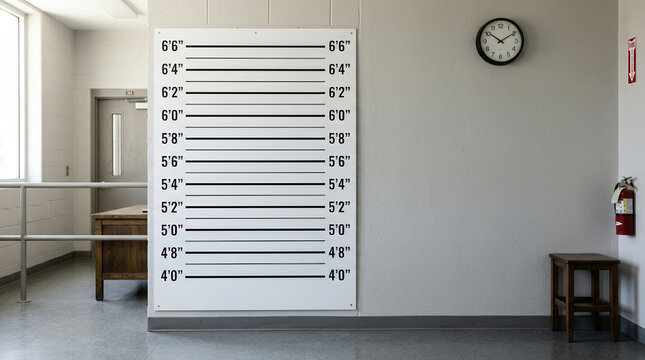 Police station mugshot background with height chart and minimalistic design for law enforcement, criminal justice articles, or legal websites