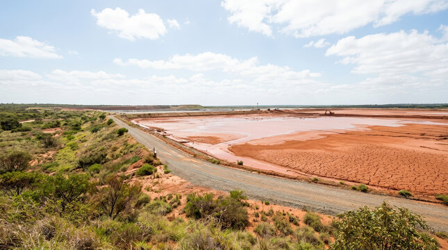 Bauxite tailings red mud lake surrounded by vegetation and a dirt road for environmental awareness, mining industry discussions, and land reclamation projects