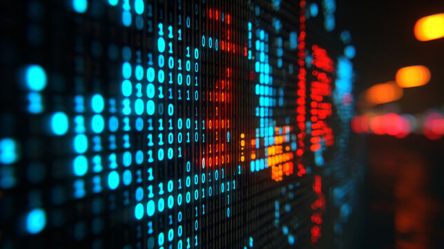 Digital data visualization displaying binary code patterns and colorful information on a modern screen