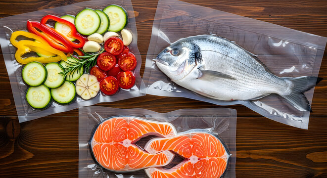 Fresh raw salmon steaks whole sea bream fish and sliced vegetables sealed in plastic vacuum bags on dark wooden table