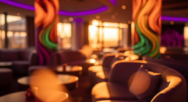 Modern lounge bar interior with vibrant illuminated columns and soft ambient lighting