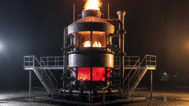 Medium shot of a fluidized bed calciner at night illuminated by industrial lights highlighting the compact structure and glowing combustion stages