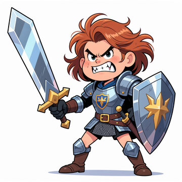 Funny cartoon illustration of an angry youthful woman knight with oversized shiny sword on white background.