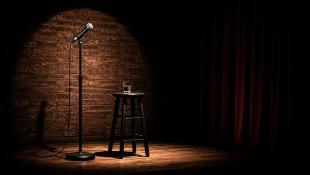 Microphone and stool on spotlighted brick stage with glass
