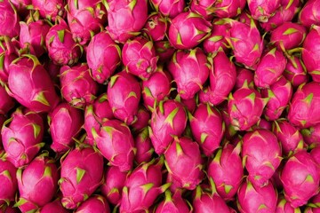 Obraz premium Dragon fruits fresh pink pitaya ripe whole berries stacked together forming texture background from top view for organic exotic food concept design