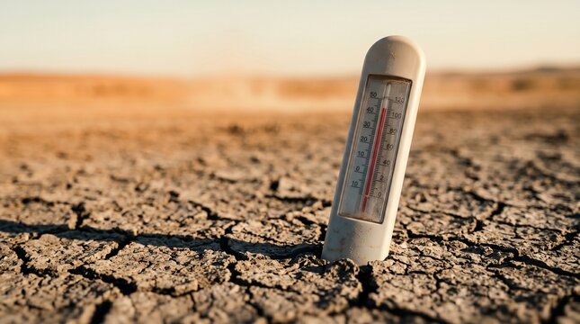 Thermometer Rising From Cracked Soil In Extreme Climate Heatwave