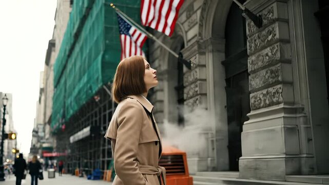 Woman looks up at city building with flag on street corner. Businesswoman stands near architecture looking up. Woman in trenchcoat observes city building. Urban woman looks at flag on building.