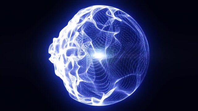 Translucent glowing blue sphere with fluid plasma textures and inner light burst on a dark background, expressing advanced energy and futuristic science.