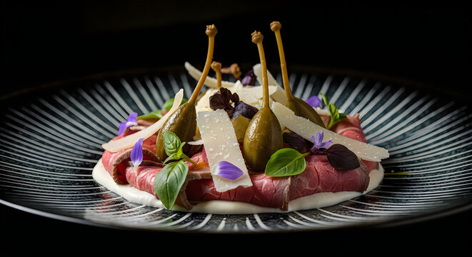 Gourmet beef carpaccio appetizer garnished with fresh caper berries parmesan cheese petals and aromatic basil leaves on black textured plate