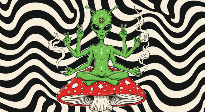 Surreal illustration of a green alien with multiple arms sitting cross-legged on a red mushroom with white spots