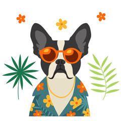 Obraz premium Cute Boston Terrier Dog in Hawaiian Shirt and Sunglasses with Tropical Leaves and Flowers – Summer Vector Illustration