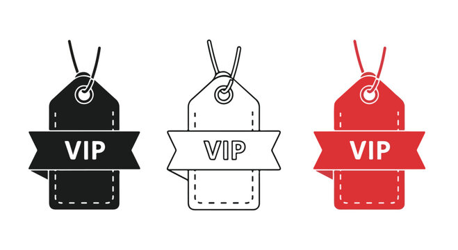 Close-up of three VIP luggage tags in black white and red with string attachments for travel identification
