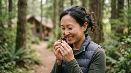 Fototapeta premium In a lush forest, a woman smiles as she holds a pine cone close to her nose, savoring its earthy scent. Sunlight filters through the trees, illuminating her joyful expression.